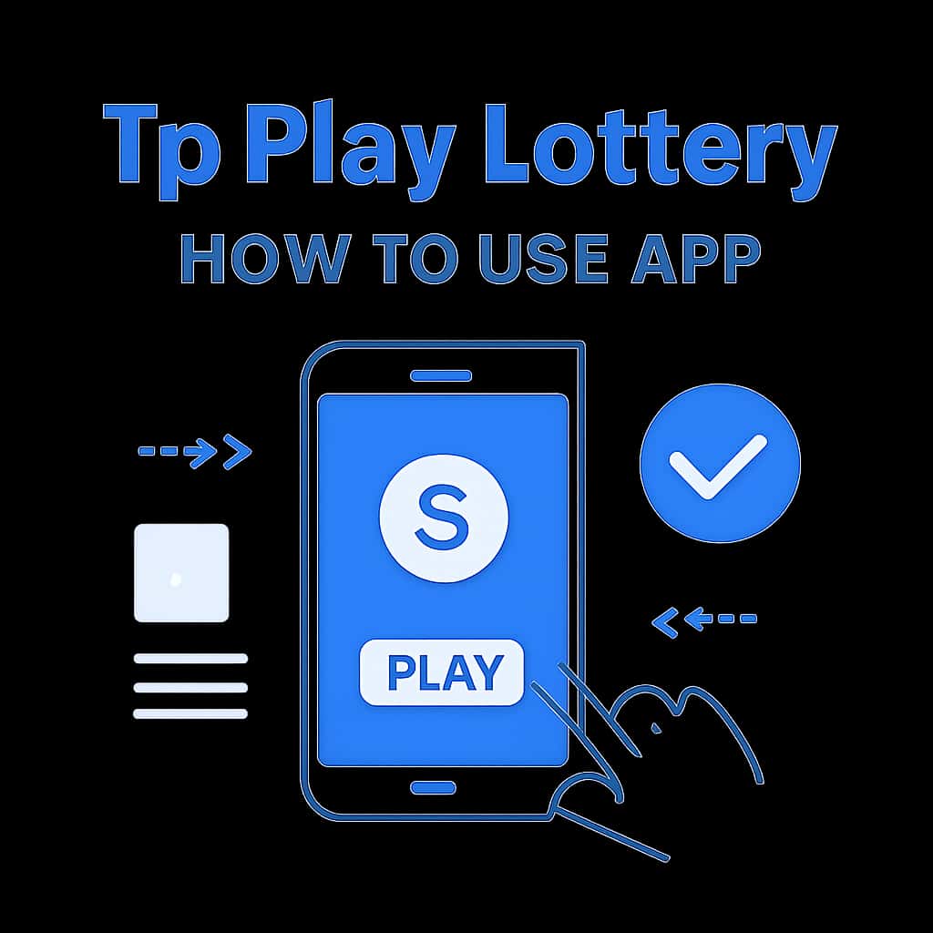 Illustration showing step-by-step instructions for using the Tp Play Lottery app.