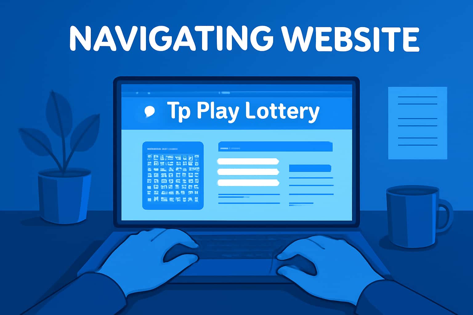 Informational scene depicting navigation on the Tp Play Lottery website with clear text.